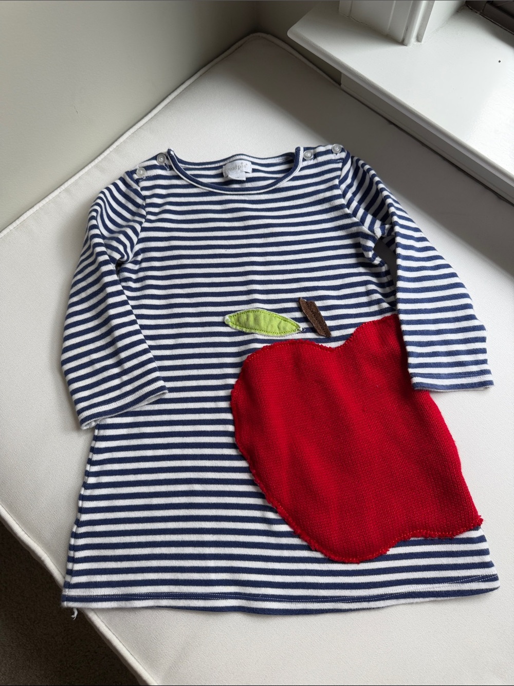 Mud Pie Navy and White Striped Knit Top with Apple Detail 4T